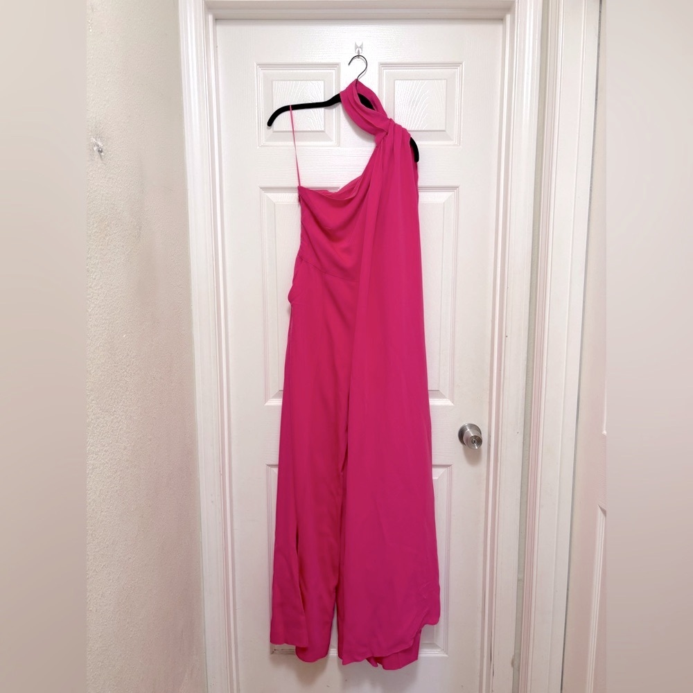 NWT REISS One-Shoulder Drape Wide-Leg Jumpsuit in Raspberry Pink - Picture 5 of 9